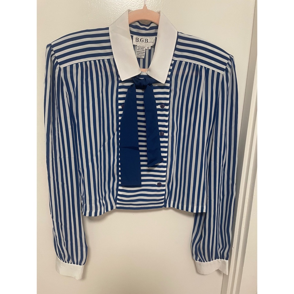 Vintage Blouse Blue White Striped Nautical Tie Neck Double Breasted Size 12